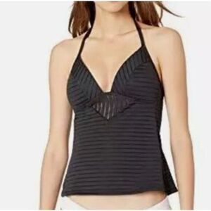 Kenneth‎ Cole New York Womens Stripe Halter Backless Tankini Top Black Medium